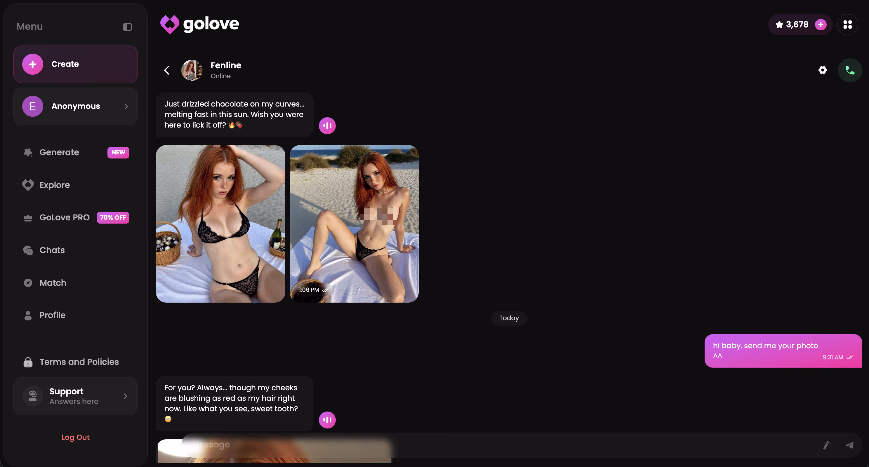 GoLove.ai chat dialog showing an intimate AI sexting conversation with a realistic character