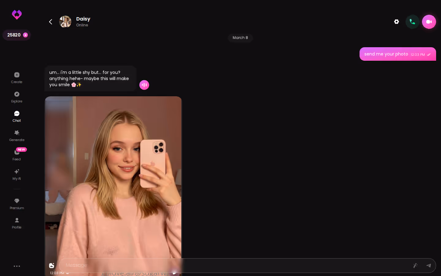 A long GoLove.ai desktop chat thread with several photos sent inline between messages