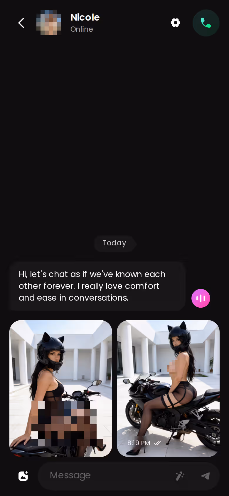 GoLove.ai mobile chat thread with messages, a photo and the voice-note button in one place