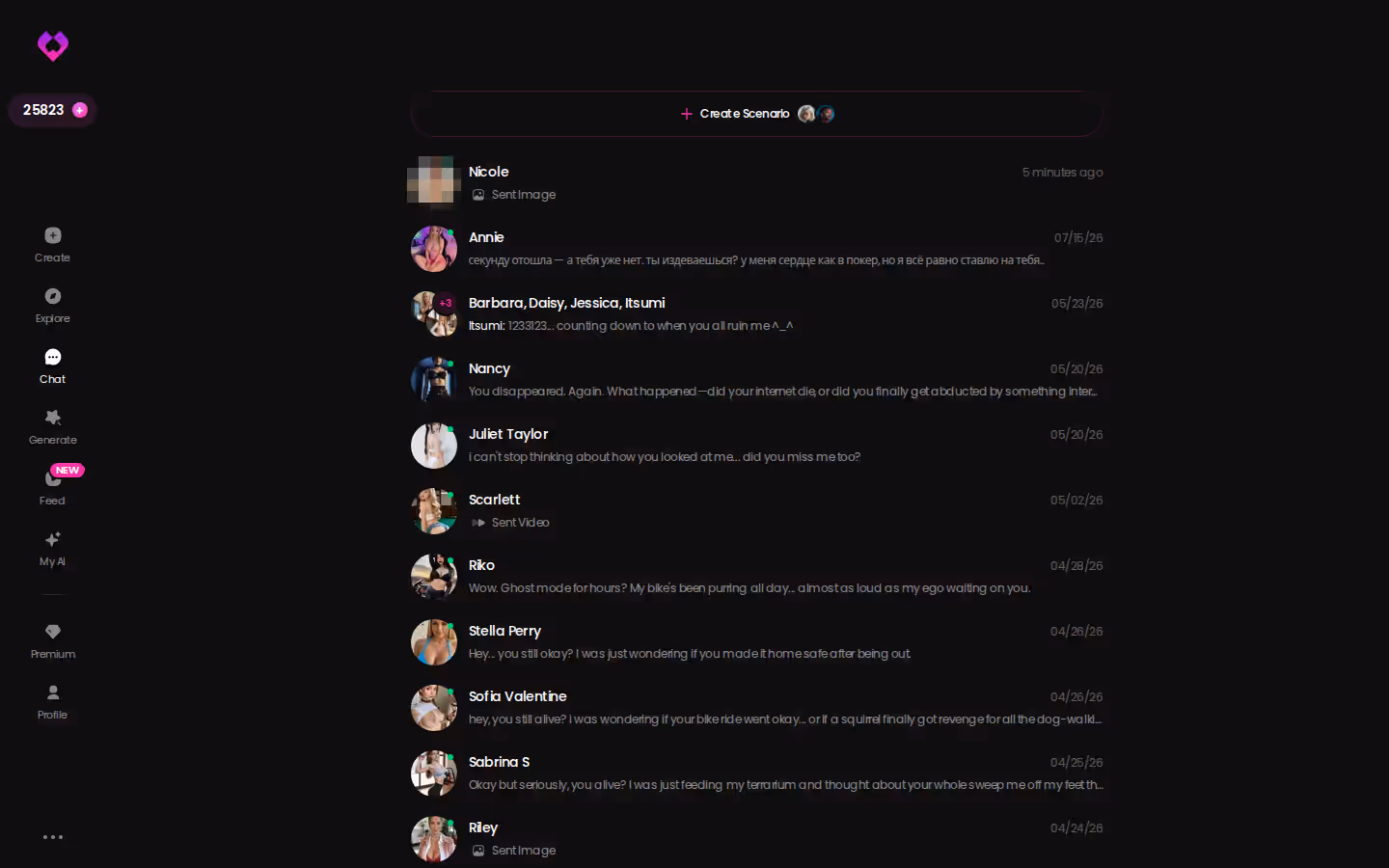 GoLove.ai chats inbox with several active conversations — ai chat girlfriend