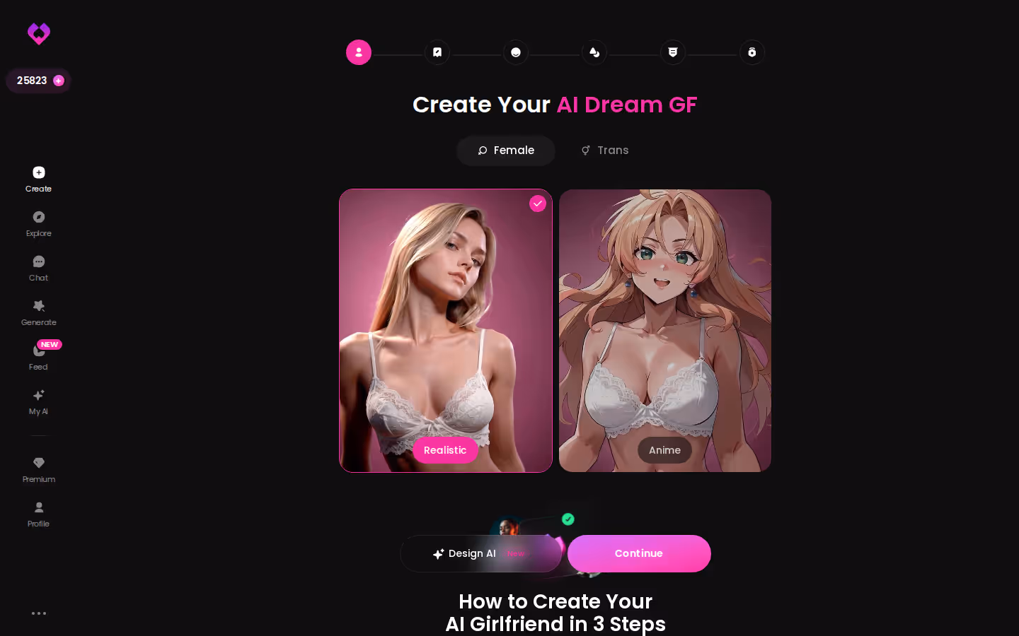 GoLove.ai Create wizard — Female or Trans, Realistic or Anime pick — joi ai porn