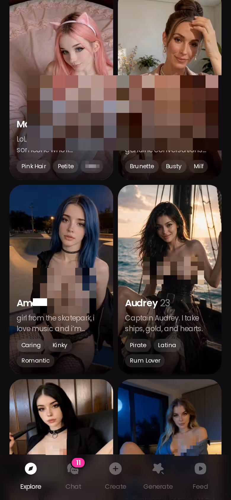 More of the mobile GoLove.ai Explore character grid — ai chat girlfriend