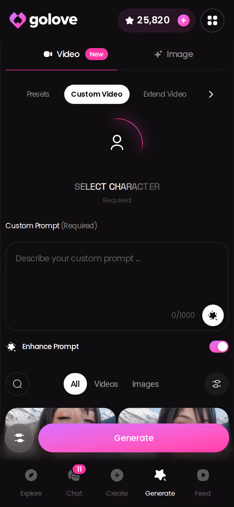 GoLove.ai custom video generator on mobile with preset action, outfit and background picks