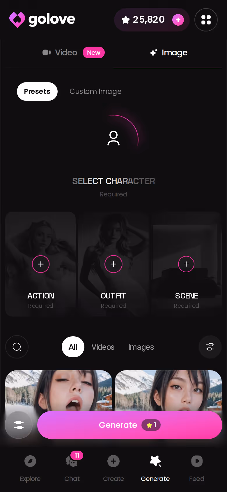 GoLove mobile image mode with pose, outfit and background presets stacked