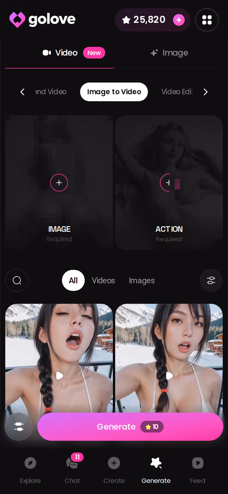 Mobile Image to Video mode in the GoLove.ai generator — ai chat girlfriend