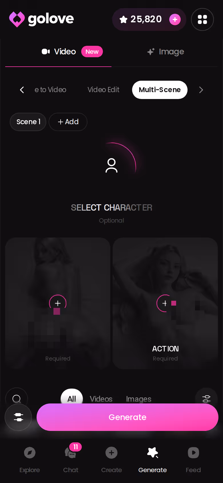 GoLove.ai video builder on mobile, where a clip is assembled from action, clothes and background preset cards